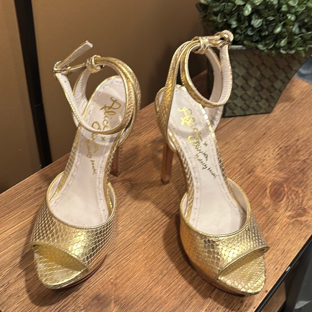 Alice + Olivia Gold High Heel Peep-Toe Sandals
